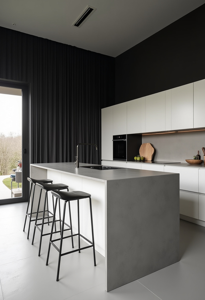 Enjoy airy modern vibes with sleek white cabinetry and a concrete island paired with black bar stools. A large window reveals an outdoor patio, inviting nature inside. Save this fresh kitchen idea!
#ModernKitchen #WhiteCabinets #ConcreteIsland #KitchenDesign #BrightKitchen