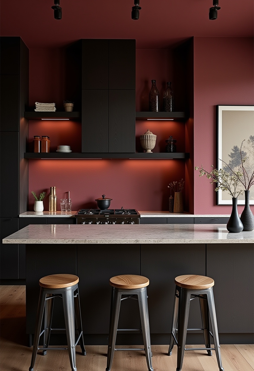 Create cozy sophistication with a deep red wall, black cabinets, and a marble island with stools. Warm lighting enhances this elegant modern kitchen. Pin for kitchen decor ideas!
#ModernKitchen #RedWall #MarbleIsland #BlackCabinets #CozyKitchen