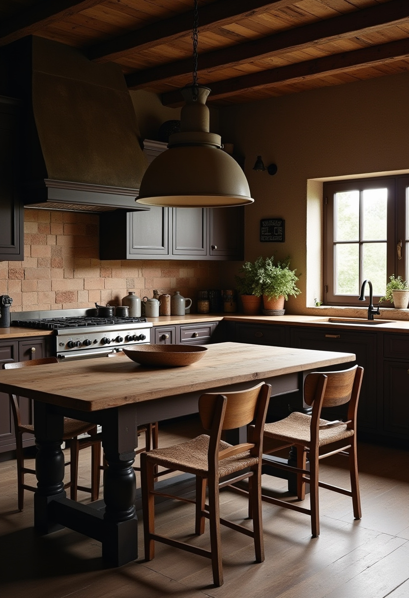 Cozy up your rustic kitchen with a wooden table, brick backsplash, and dark cabinets. Potted plants and a sunlit window add natural warmth to this inviting space. Save this rustic charm!
#RusticKitchen #WoodenTable #BrickBacksplash #CozyKitchen #NaturalLight