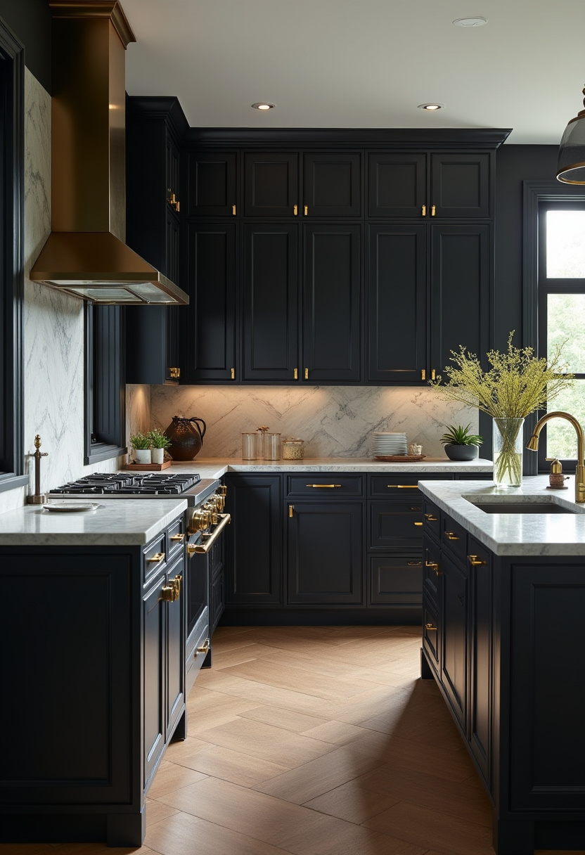Elevate your kitchen with dark cabinets, gold handles, and marble countertops. Sunlight streaming through the window highlights the elegant, sophisticated ambiance. Pin for stylish kitchen ideas!
#ElegantKitchen #GoldHandles #MarbleCountertops #DarkCabinets #SophisticatedDesign