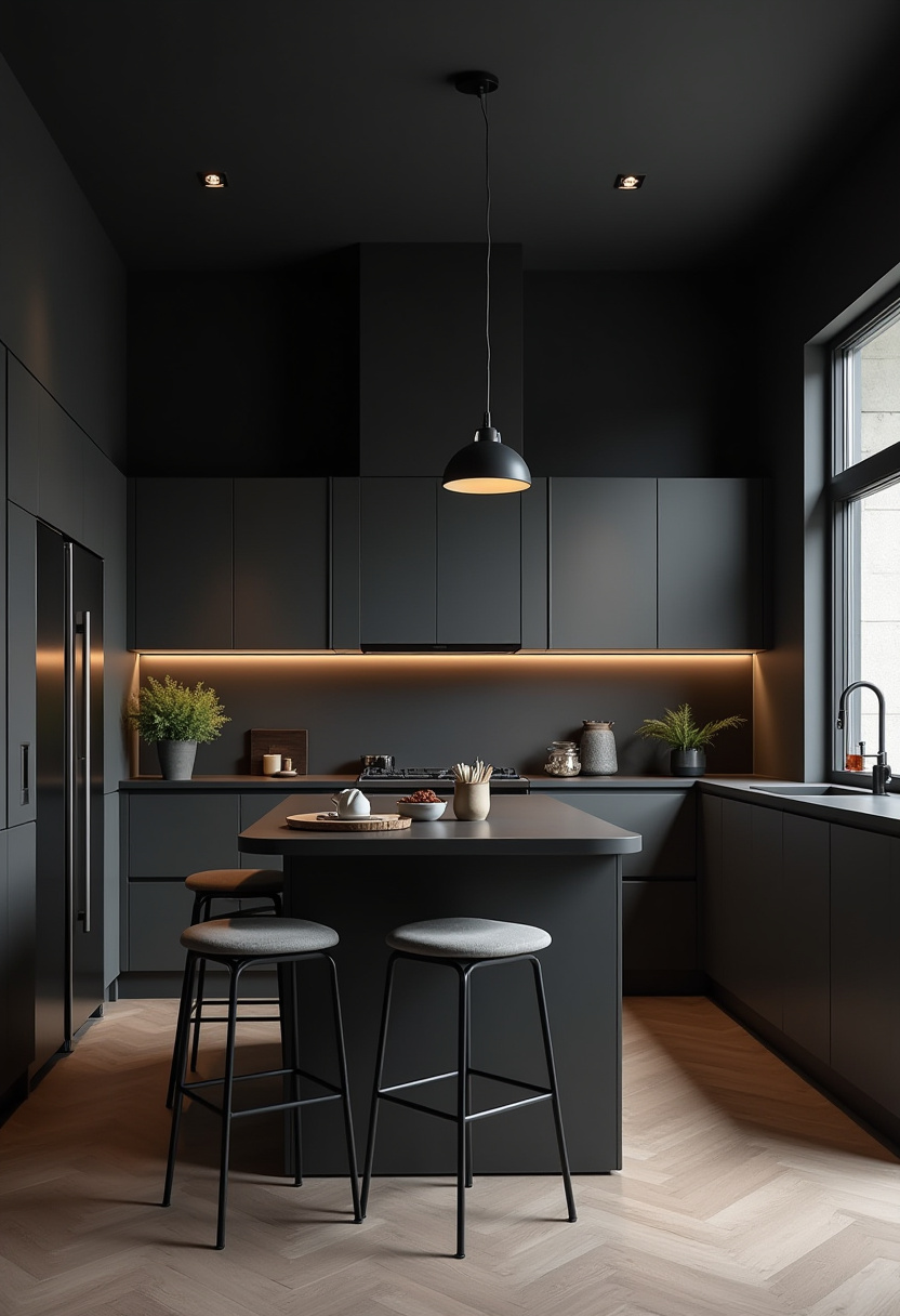 A sleek modern kitchen with matte black cabinets and island is warmed by wooden flooring and pendant lights. Bar stools and subtle plants add cozy accents. Save this chic kitchen look!
#ModernKitchen #MatteBlackCabinets #KitchenIsland #PendantLighting #CozyKitchen