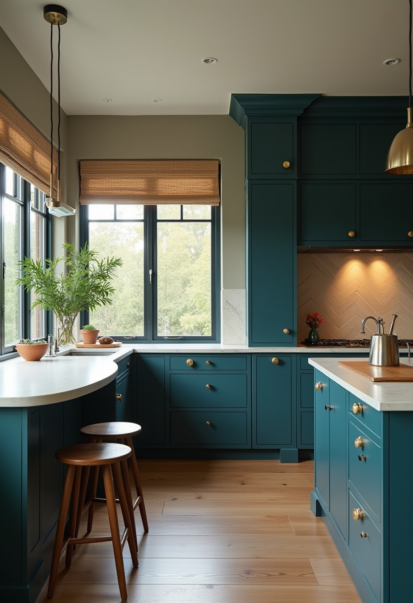 Bring warmth and elegance to your kitchen with teal cabinets, wooden stools, and large windows. Brass accents and wood floors complete this inviting space. Pin for beautiful kitchen inspiration!
#TealCabinets #KitchenDesign #WoodenStools #BrassAccents #WarmKitchen