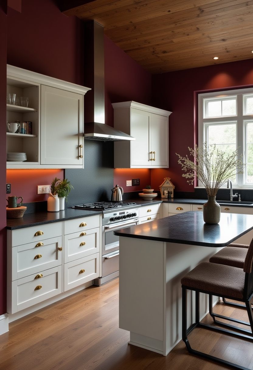 A warm kitchen with white cabinets, brass handles, and dark countertops features deep red walls and a wooden ceiling. Stools line the island for a cozy, welcoming vibe. Save this kitchen design!
#WarmKitchen #WhiteCabinets #BrassHandles #CozyKitchen #KitchenIsland