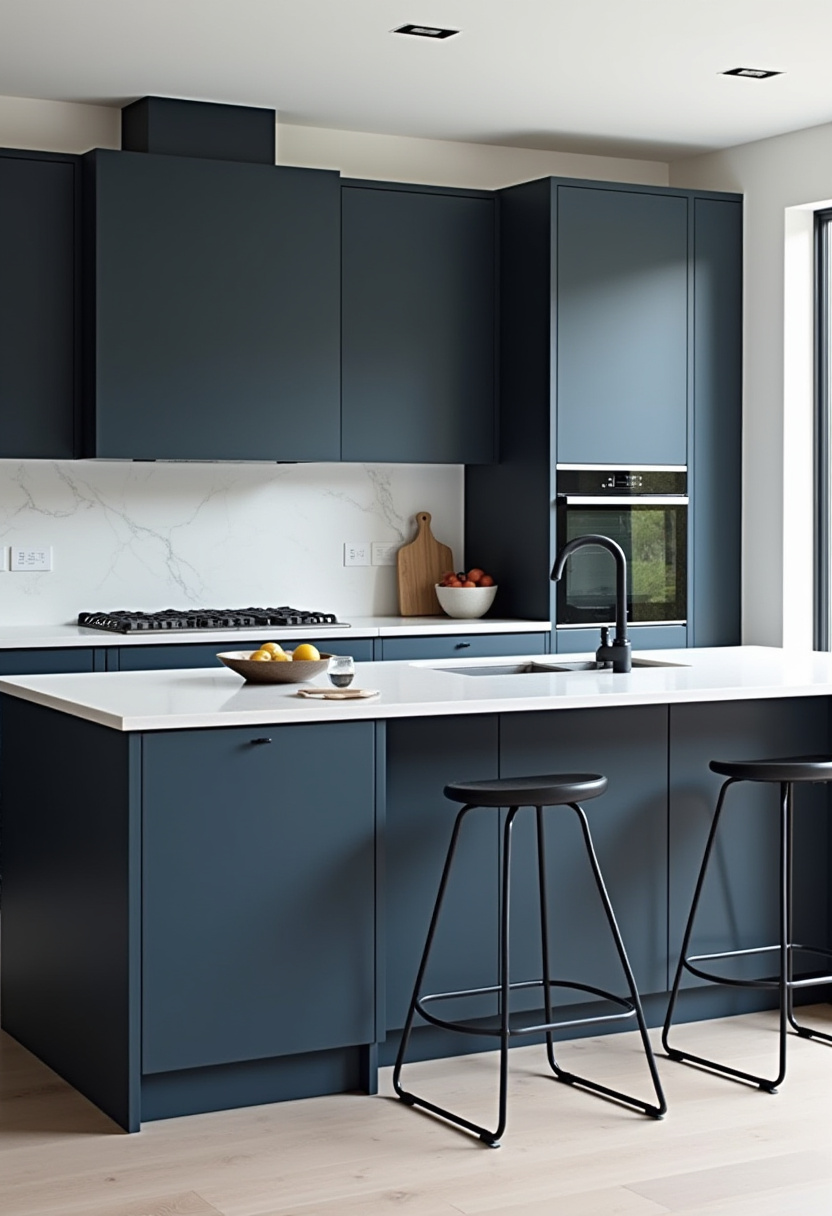 Modern kitchens shine with matte navy cabinets, white countertops, and marble backsplashes. Bar stools and built-in ovens add function and style. Pin this sleek kitchen idea!
#ModernKitchen #NavyCabinets #MarbleBacksplash #KitchenDesign #KitchenIsland