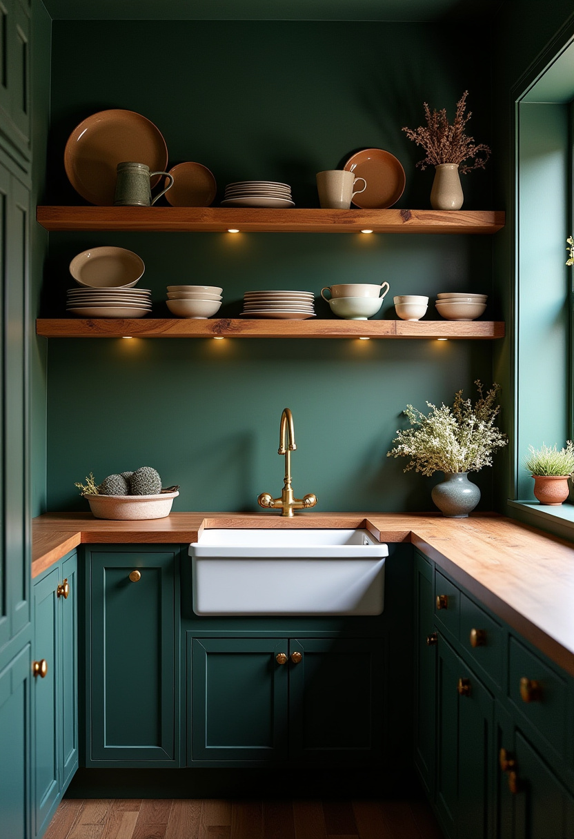 Create a cozy kitchen vibe with green cabinets, wooden countertops, and open wooden shelves showcasing neatly stacked beige dishes. The brass faucet over a farmhouse sink adds timeless elegance. Save this charming kitchen idea!
#CozyKitchen #GreenCabinets #FarmhouseSink #WoodenShelves #BrassFaucet