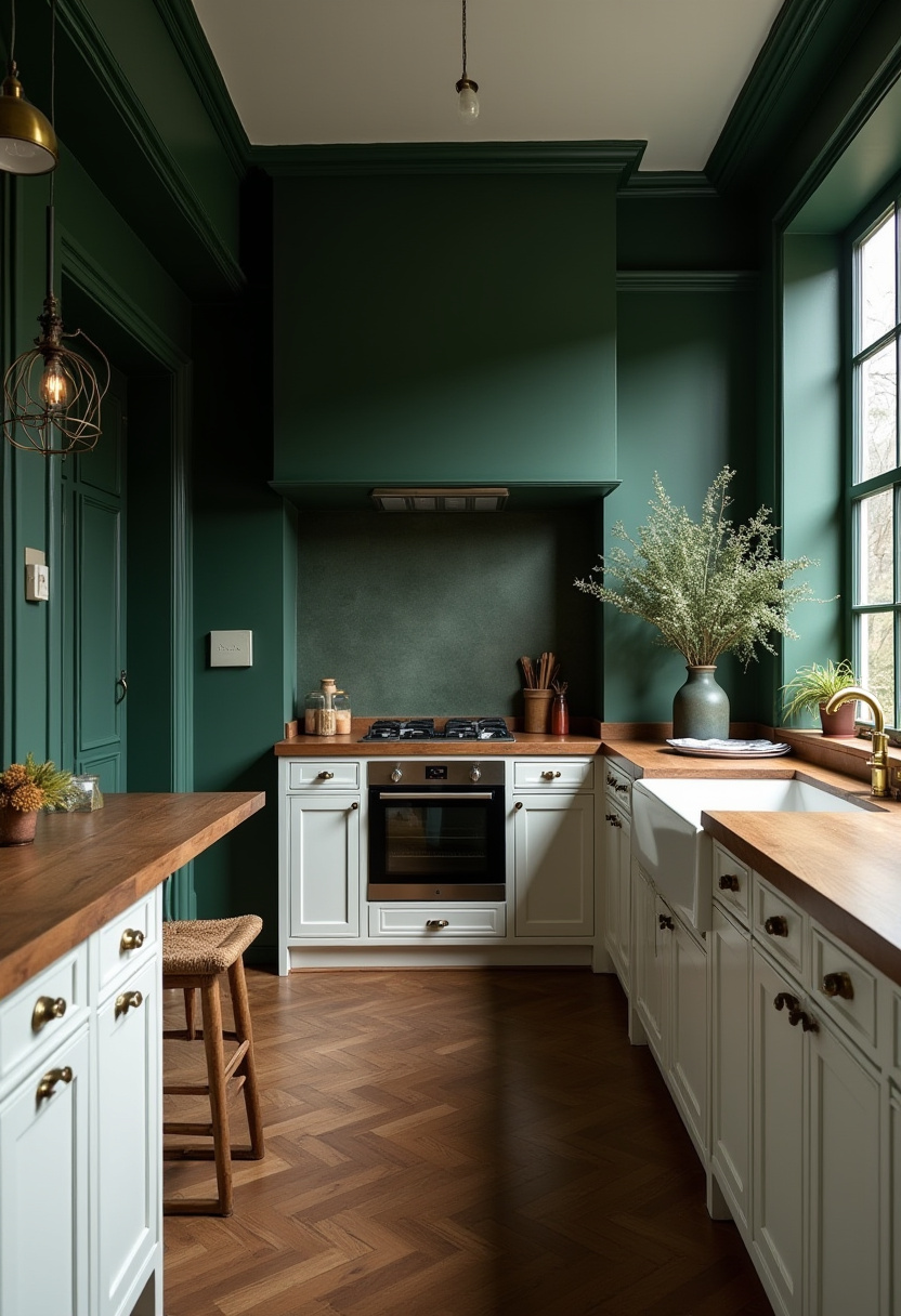Cozy kitchens come alive with white cabinets, wooden countertops, and green walls. Featuring a stove, large plant, pendant light, and herringbone floor, this space feels warm and inviting. Save for kitchen inspiration!
#CozyKitchen #WhiteCabinets #WoodenCountertops #GreenWalls #WarmKitchen