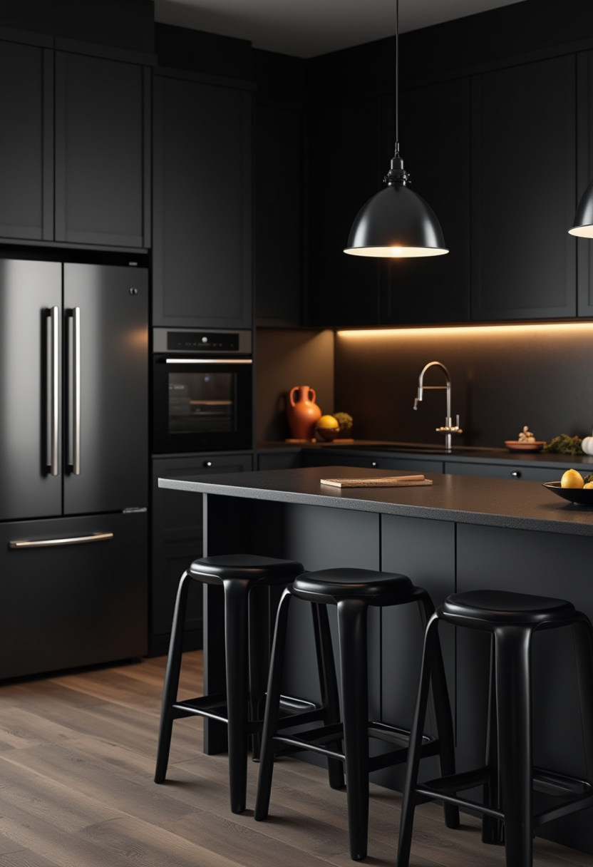 Elevate your cooking space with a sleek modern kitchen featuring black cabinets, an island with stools, and warm pendant lighting. Fresh fruits add colorful accents to this stylish setup. Pin this contemporary kitchen look!
#ModernKitchen #BlackCabinets #KitchenIsland #PendantLighting #StylishKitchen