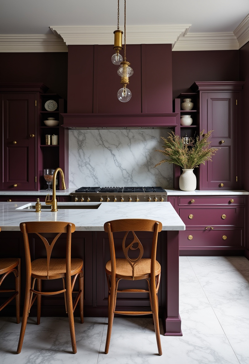 Experience elegance in the kitchen with deep plum cabinets, white marble countertops, and matching backsplash. Light wood chairs and brass accents create a sophisticated, inviting atmosphere. Save this luxurious kitchen style!
#ElegantKitchen #MarbleCountertops #PlumCabinets #BrassAccents #SophisticatedDesign