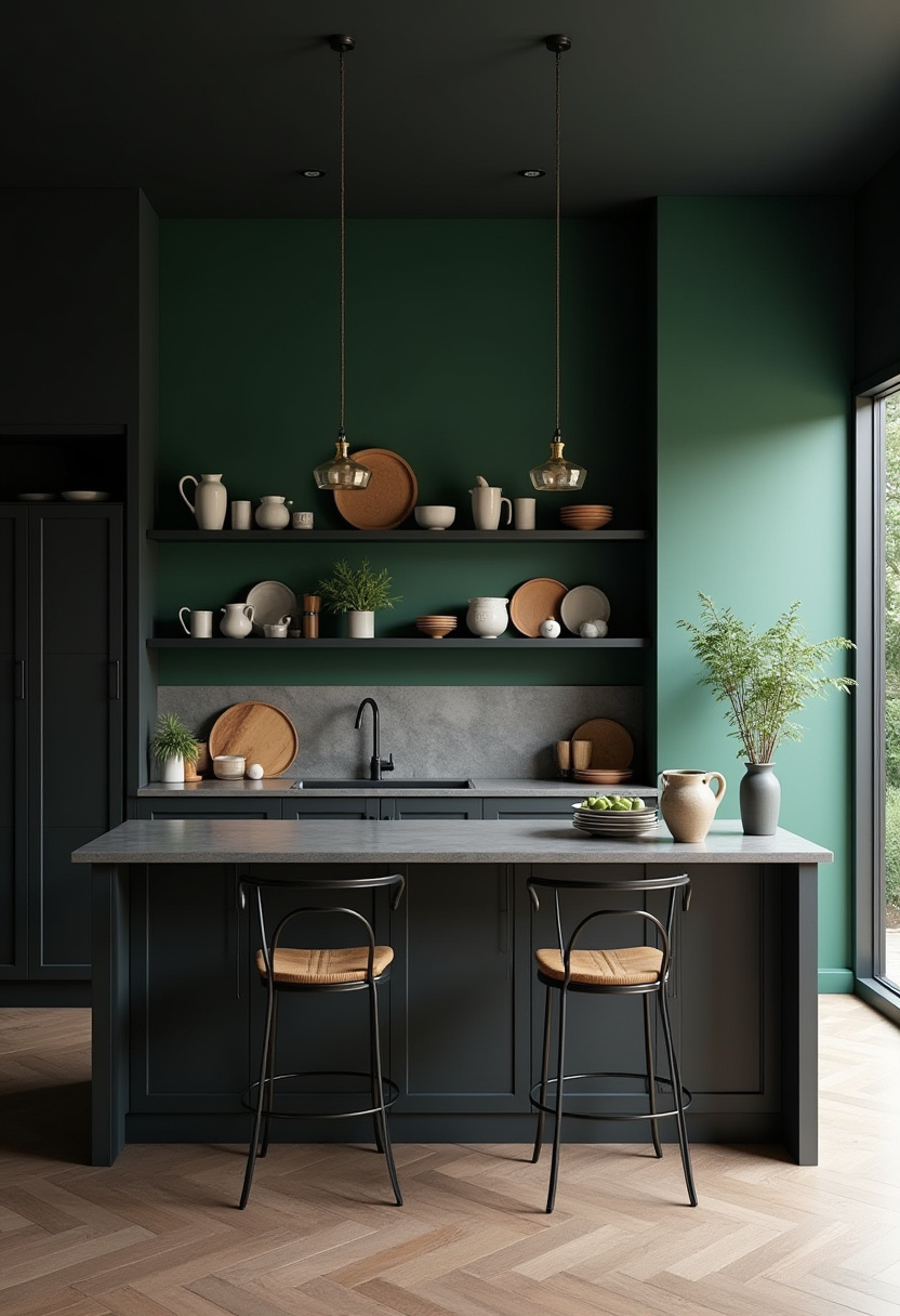 Add warmth to your kitchen with dark green walls, floating shelves holding pottery, and a central island with stools. Cozy lighting and plants complete this inviting modern space. Pin for kitchen inspiration!
#ModernKitchen #GreenWalls #FloatingShelves #KitchenIsland #CozyKitchen