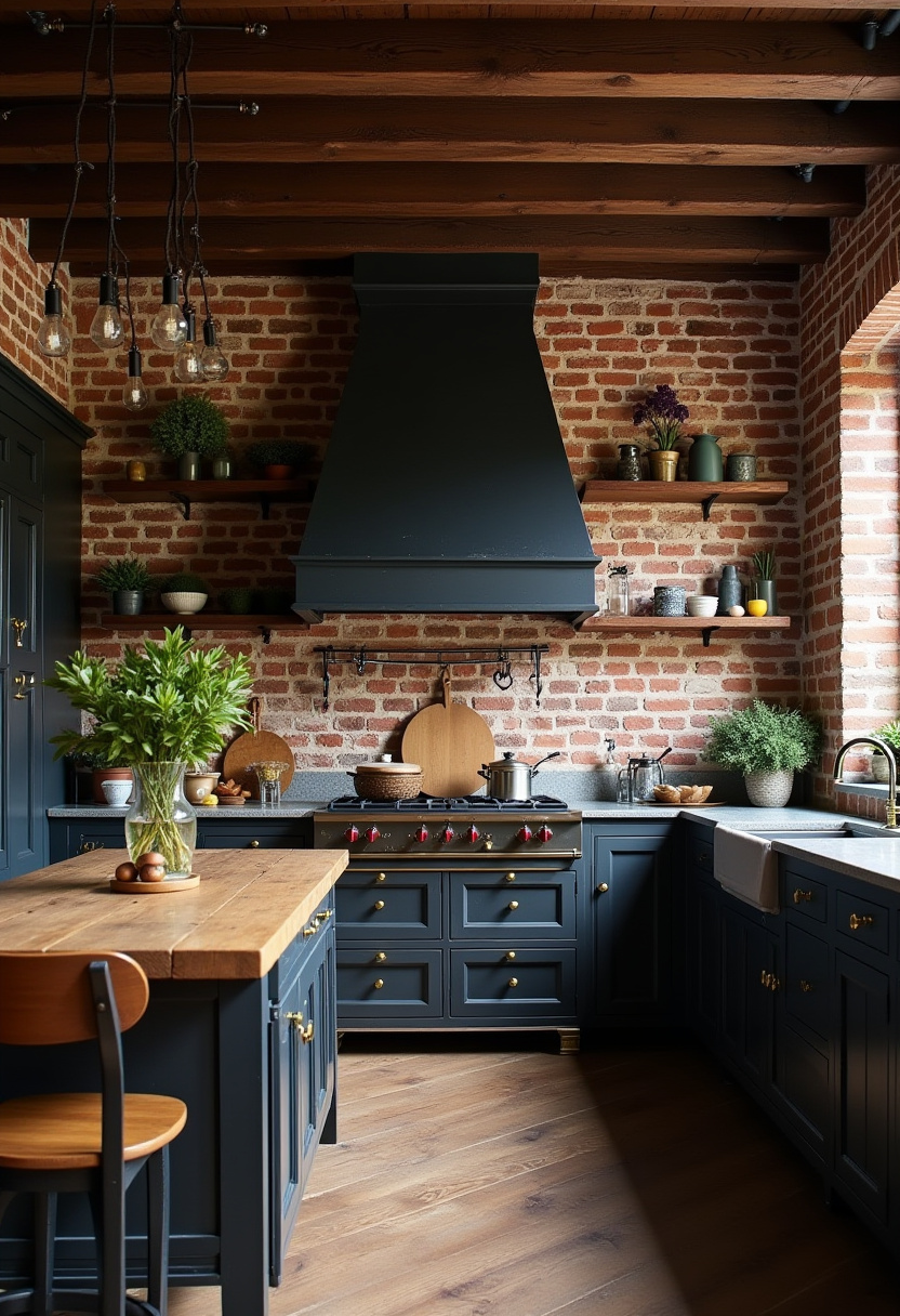 Embrace rustic charm with dark blue cabinets, exposed brick walls, and wooden beams. A wooden island and shelves filled with plants create a warm, inviting kitchen. Save this rustic kitchen design!
#RusticKitchen #BrickWalls #BlueCabinets #WoodenIsland #CozyKitchen