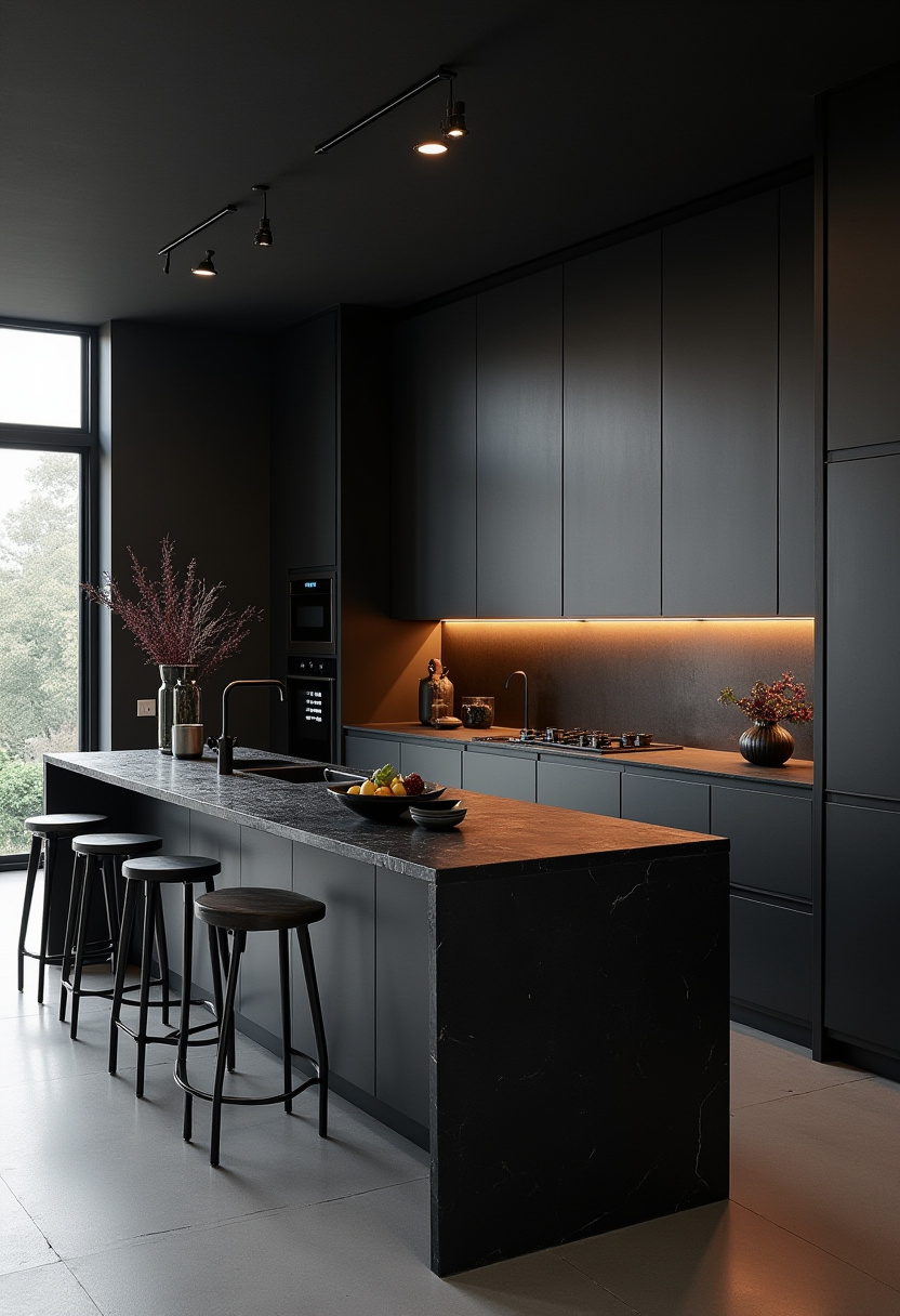 Make a statement with a sleek modern kitchen featuring dark cabinets, a marble island, and bar stools. Warm under-cabinet lighting and decorative vases add subtle elegance. Pin this chic kitchen design!
#ModernKitchen #MarbleIsland #DarkCabinets #UnderCabinetLighting #ElegantKitchen