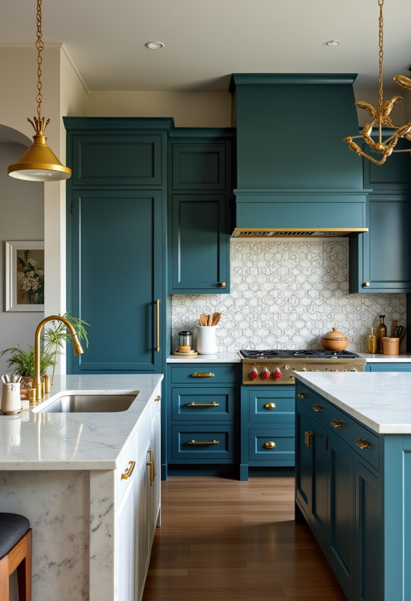 Add luxury to your kitchen with teal cabinets, gold handles, marble countertops, and a geometric backsplash. The warm brass faucet completes this elegant space perfectly. Save this glamorous kitchen look!
#LuxuryKitchen #TealCabinets #MarbleCountertops #GoldHandles #ElegantKitchen
