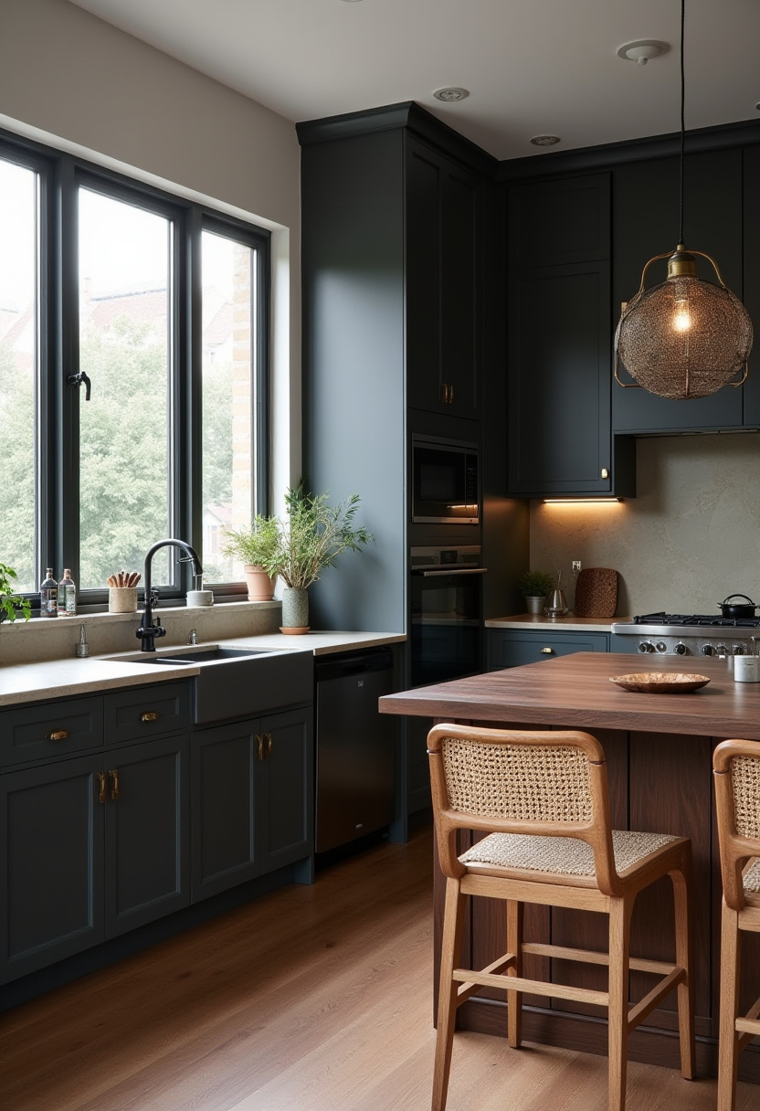Brighten your kitchen with dark cabinets, wooden flooring, and a large window. A wooden island with woven chairs and pendant lighting creates a cozy and elegant feel. Pin this welcoming kitchen design!
#ModernKitchen #WoodenFlooring #CozyKitchen #KitchenIsland #ElegantDesign