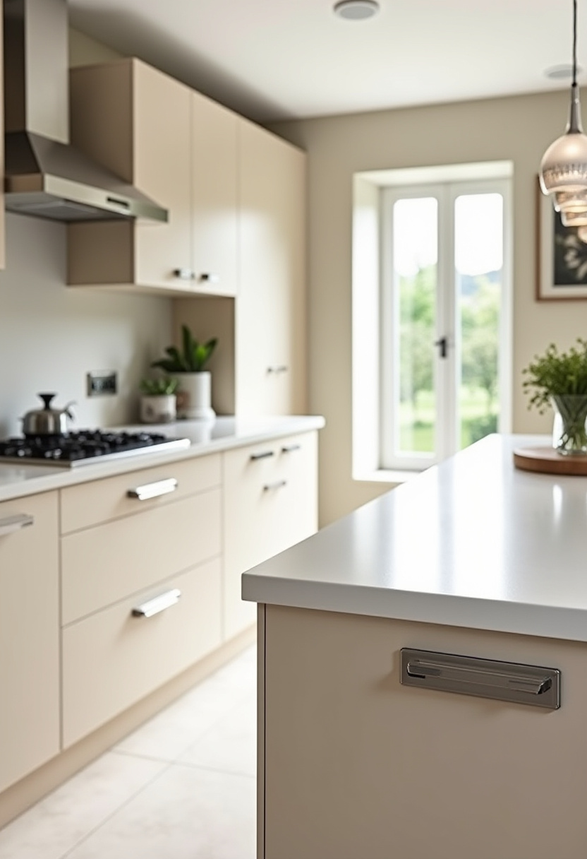 Soothing and sleek, this beige kitchen is filled with sunlight and modern charm. Stainless steel and clean lines create a contemporary, calming atmosphere. Save this stylish kitchen design!
#ModernKitchen #BeigeCabinets #BrightKitchen #StainlessSteel #KitchenDecor