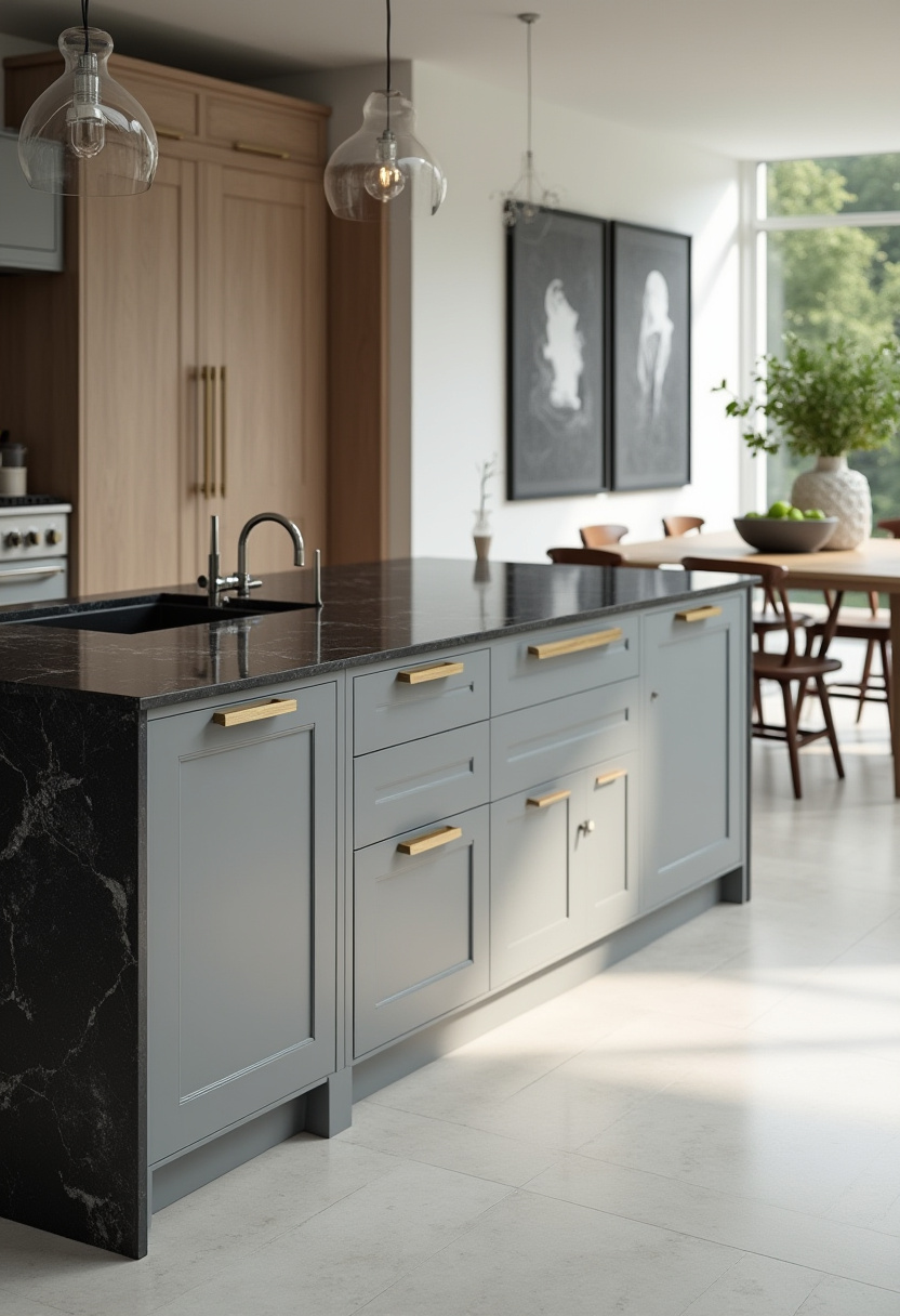 Modern elegance meets warmth in this gray island kitchen with black countertops and wood accents. Pendant lights and sunlight add the perfect finishing touches. Love refined style? Save this look!
#ModernKitchen #GrayIsland #BlackCountertops #WarmDesign #KitchenGoals