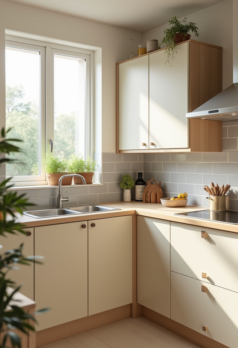 Sleek meets cozy in this bright kitchen corner featuring pale cabinets, a ceramic sink, and herbs basking in sunlight. The perfect setup for natural home lovers. Pin this inviting kitchen setup!
#ModernKitchen #CeramicSink #NaturalDecor #KitchenCorner #BrightSpaces