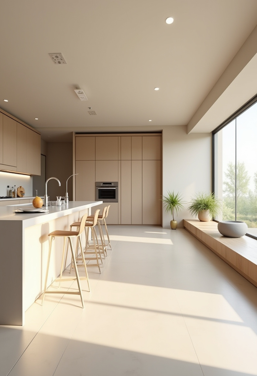 Beige cabinetry, wood stools, and an indoor plant bench make this modern kitchen a serene retreat. A large window invites the light in, creating warmth and style. Pin this tranquil kitchen vibe!
#ModernKitchen #BeigeDesign #IndoorPlants #NaturalLight #CalmInteriors