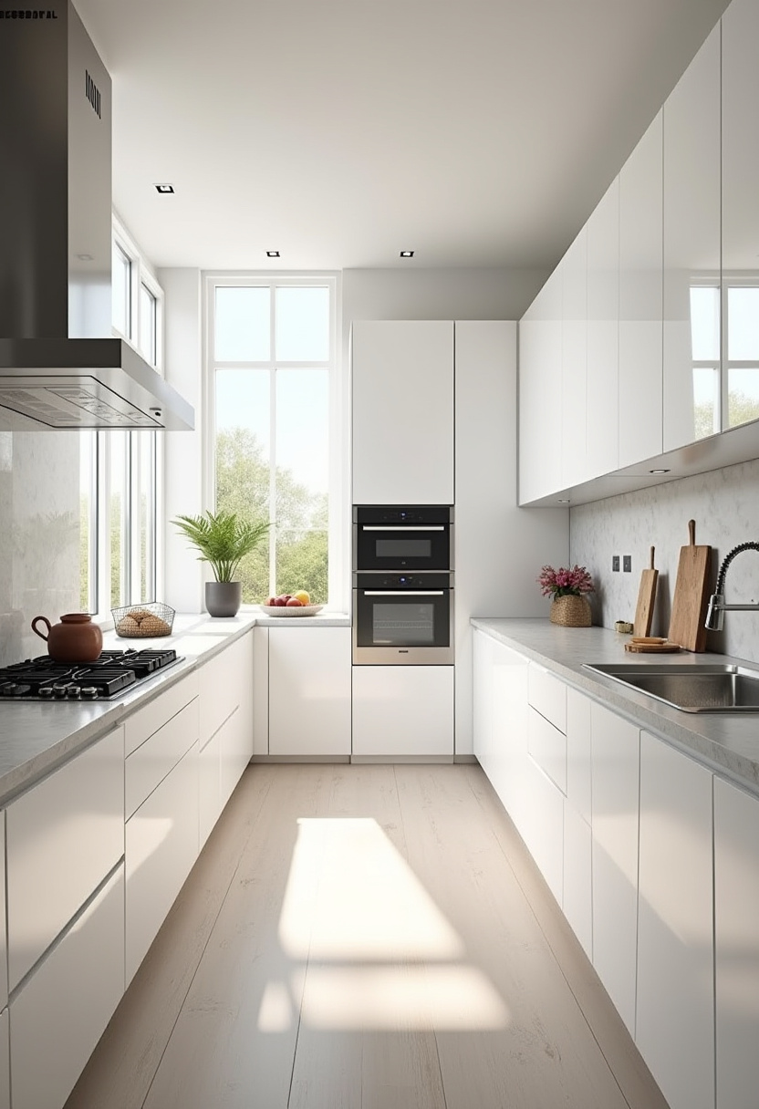 Sleek white cabinets and stainless steel shine in this modern kitchen with warm wood floors and big windows. Clean lines and natural light create an uplifting vibe. Pin this light and modern kitchen design!
#ModernKitchen #WhiteCabinets #StainlessSteel #LightWoodFloor #KitchenInspo