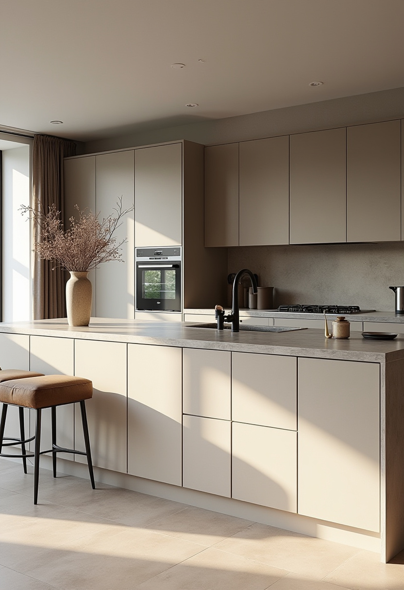 Sleek and sophisticated, this beige modern kitchen shines with clean countertops, a bold black faucet, and warm natural light. A vase of dried branches adds elegant contrast in this contemporary design. Save this chic kitchen setup!
#ModernKitchen #BeigeCabinets #MinimalDesign #NaturalLight #KitchenAesthetic