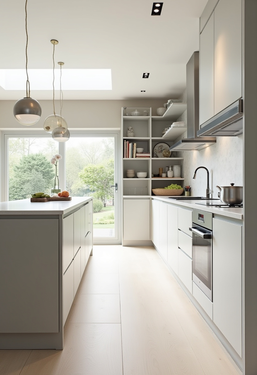 Bright and stylish, this modern kitchen boasts white cabinets, a sleek island, and lush views from the window. Pendant lights tie it all together in a stunning, airy design. Pin this for elegant kitchen goals!
#ModernKitchen #WhiteCabinets #KitchenIsland #PendantLights #HomeInspiration