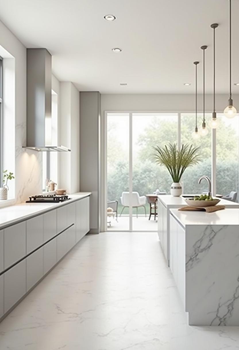 A modern dream kitchen with white cabinets, marble countertops, and garden views. Pendant lighting and fresh plants make this bright space both elegant and lively. Pin it for modern kitchen goals!
#ModernKitchen #WhiteCabinets #KitchenIsland #GardenView #BrightKitchen