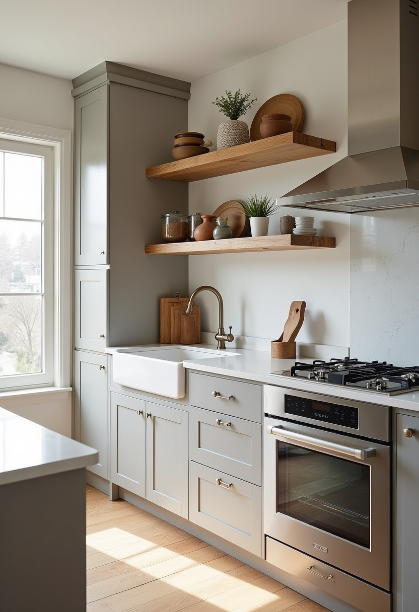 Warm and functional, this modern kitchen features light gray cabinets, wood shelves, and sleek appliances. A large window fills the space with sunlight and comfort. Pin this cozy-modern kitchen idea!
#ModernKitchen #GrayCabinets #WoodAccents #StainlessSteelKitchen #KitchenVibes