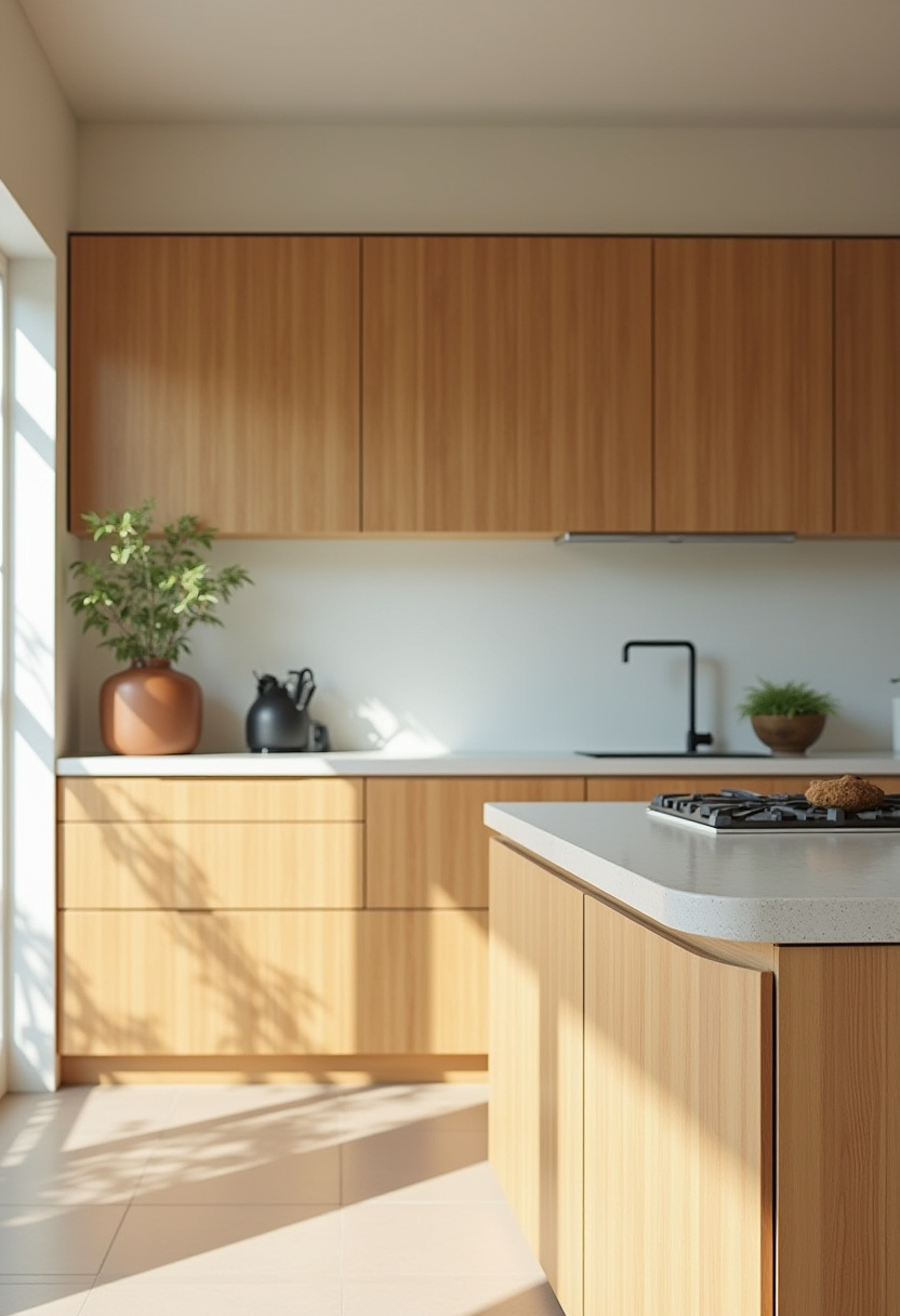 This sun-drenched modern kitchen combines natural wood cabinets, a crisp white island, and cozy decor like a teapot and greenery. A dream for minimalist decor lovers! Pin this serene kitchen look!
#ModernKitchen #WoodCabinets #WhiteIsland #MinimalStyle #BrightKitchen