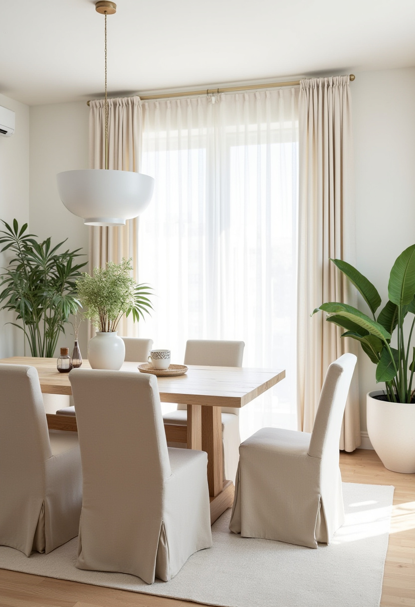 Bring brightness and calm into your space with this dining room featuring a wooden table, beige slipcovered chairs, and lush plants. Sheer curtains and a minimalist pendant complete the look. Save this natural elegance!
#beigedecor #cozydining #naturallightstyle #minimalinteriors