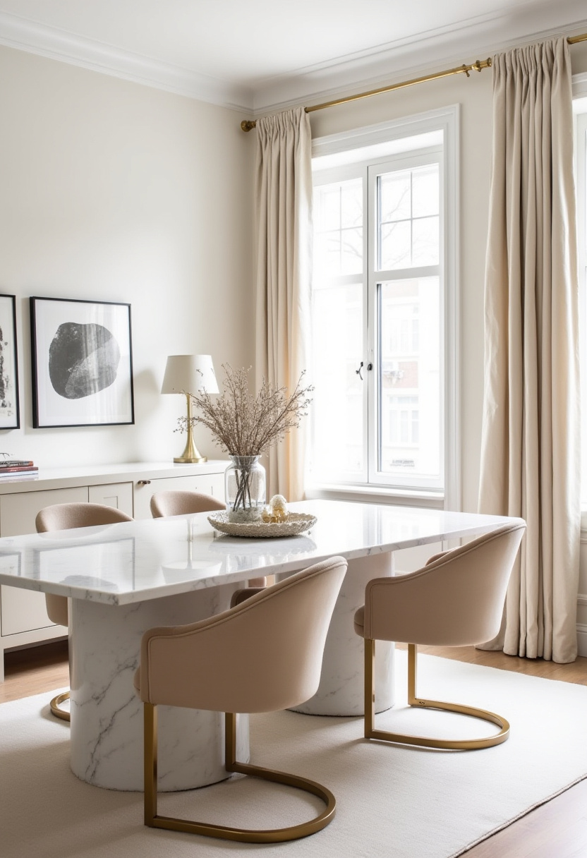 Elegant simplicity meets function in this dining room with a marble table, beige chairs, and a light rug. A large window and minimalist art finish the clean look. Save for timeless style!
#elegantdining #beigeinterior #minimalistdesign #lightfilledhome
