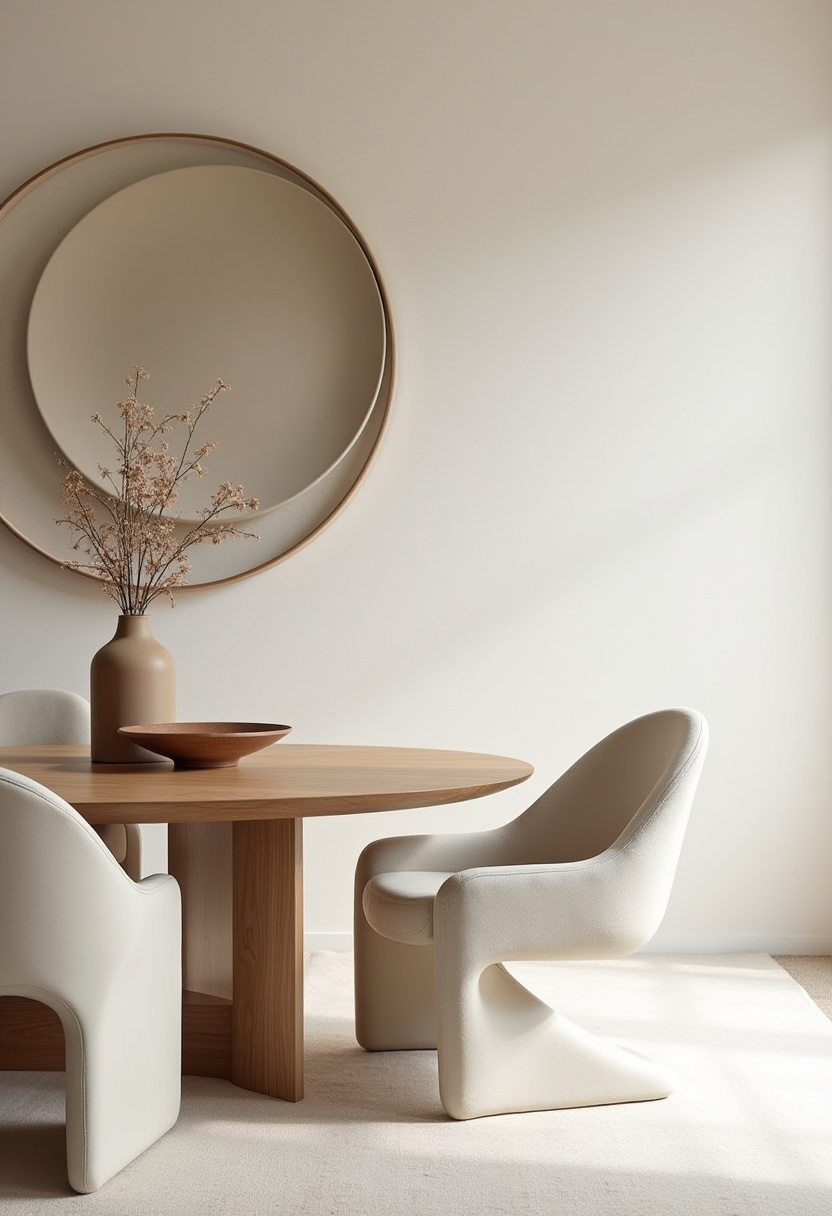 This minimalist dining room features a round wood table, white sculptural chairs, and a beige vase with branches. A large round mirror adds depth and modern elegance. Pin for stylish simplicity!
#sculpturalfurniture #roundtableinspo #neutraldecor #minimalhome