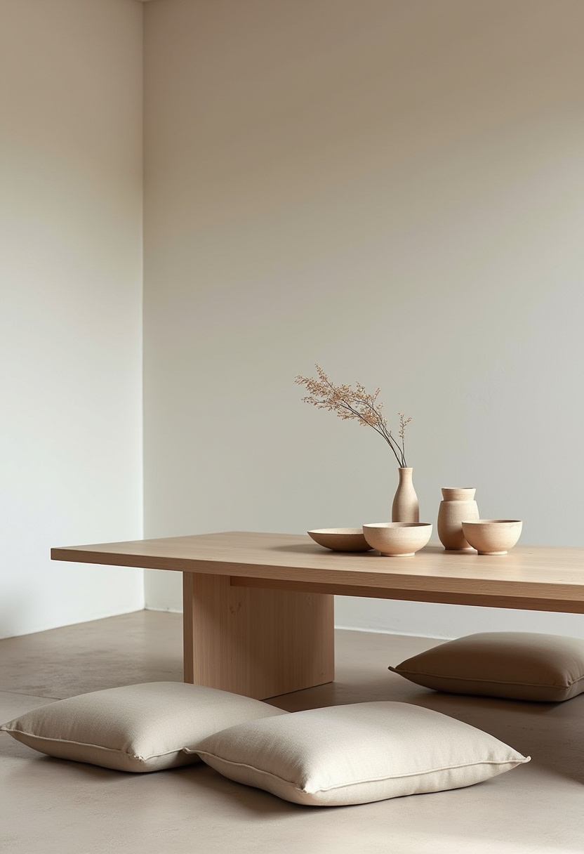 Soft, earthy tones define this minimalist room, where a wooden table, ceramic vases, and floor cushions create a cozy, grounded feel. Pin for floor seating inspiration!
#zenhome #neutralpalette #floorcushions #sereneinteriors