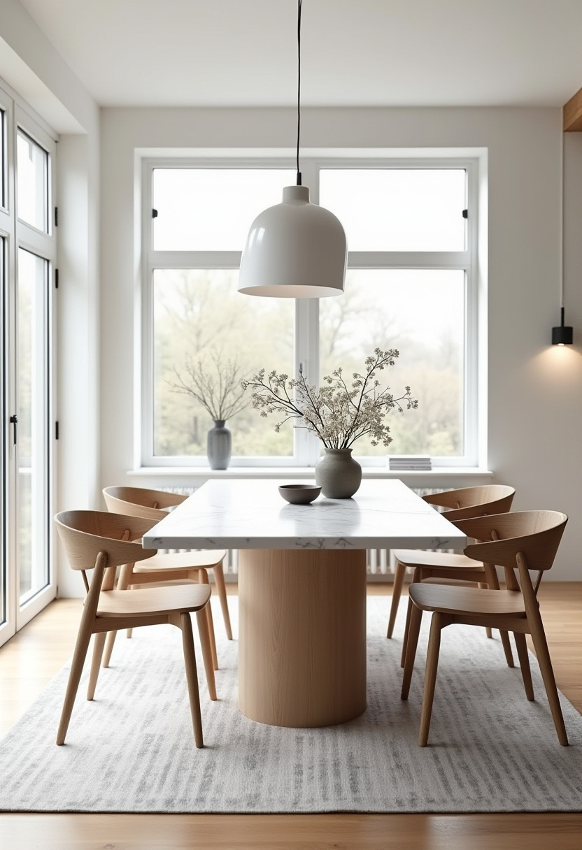 A clean, fresh vibe flows through this minimalist dining room with a marble table, wood chairs, and soft pendant lighting. Vases and plants add warmth and balance. Save this natural-modern mix!
#marbleandwood #minimalistdecor #modernnaturals #cozychic