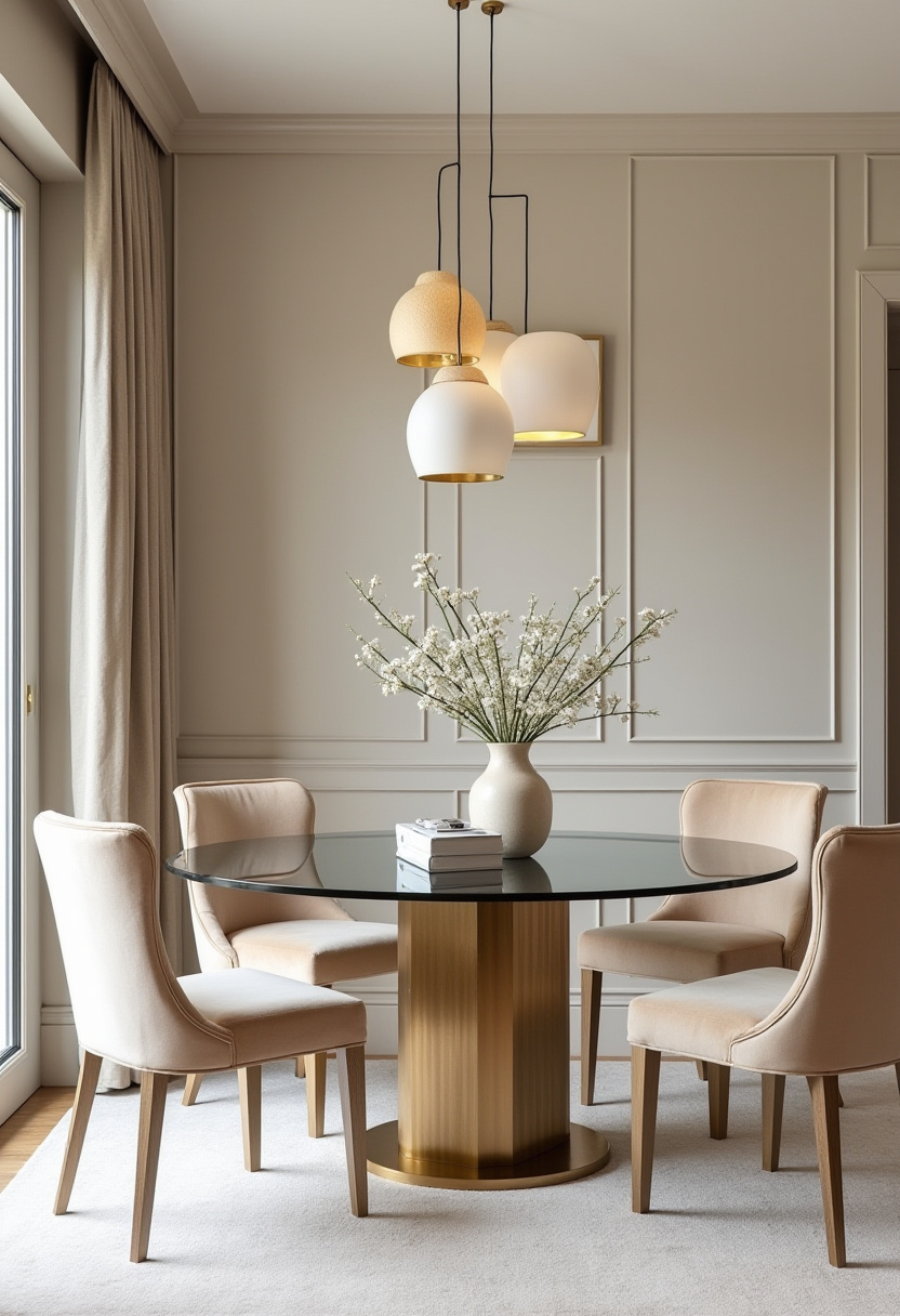 Modern elegance shines in this dining room with a round glass table, beige chairs, and gold pendant lights. A soft neutral palette creates a cozy, stylish ambiance. Pin for chic dining inspiration!
#glassdiningtable #goldaccents #moderncozy #neutraldecor