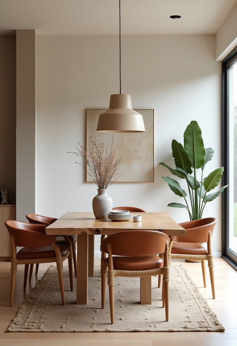 This minimalist dining space combines cozy elements like a wooden table, leather chairs, and a beige rug, with a touch of greenery. Perfect for warm, relaxed gatherings. Save this balanced style!
#cozyminimalism #warmneutrals #diningroominspo #greenerydecor