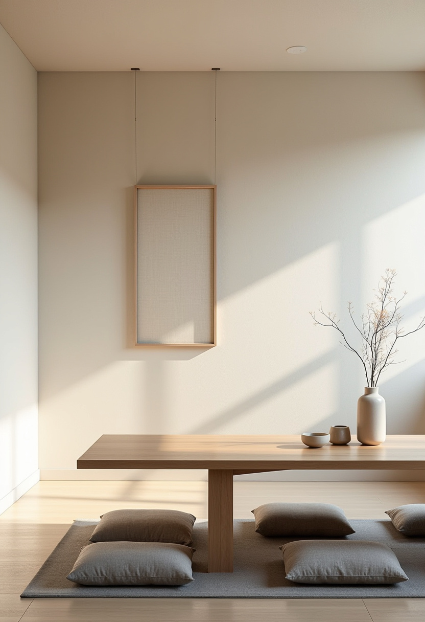 A serene, floor-seated setup with a wooden table, branch-filled vase, and soft lighting gives this minimalist room a peaceful energy. Pin for calm interior ideas!
#floorseating #minimalistinteriors #serenespace #naturaldecor