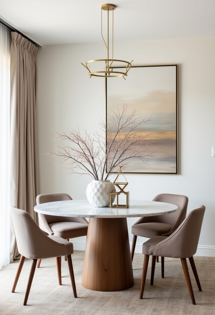 Modern meets artistic in this dining area with a round marble table, beige chairs, and a striking abstract painting. A gold chandelier adds refined drama. Save for bold minimalist elegance!
#artinspireddecor #marbleandgold #modernluxury #neutralstyle