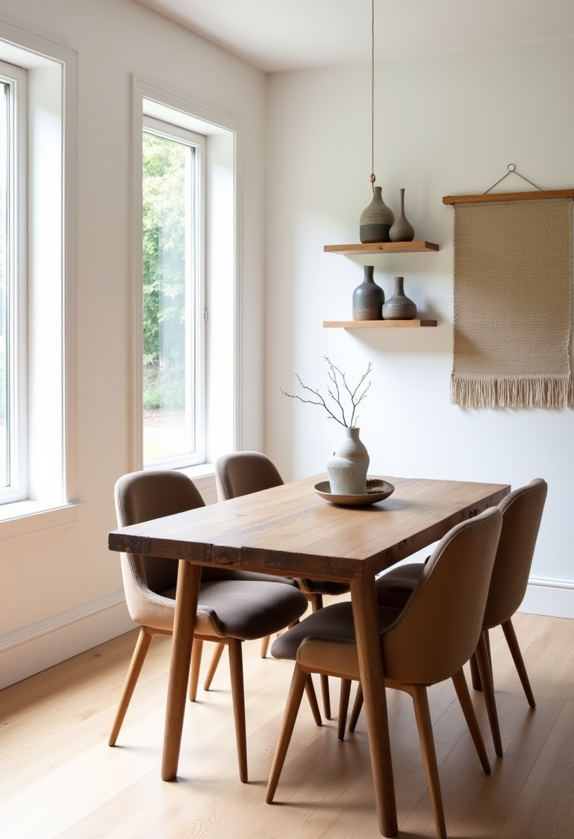 This minimalist dining area blends earthy textures with natural light—wooden table, cushioned chairs, and textured decor like vases and wall art. Perfect for a calm, grounded home. Save for serene style ideas!
#minimalistdecor #earthytonehome #naturalinterior #serenedining
