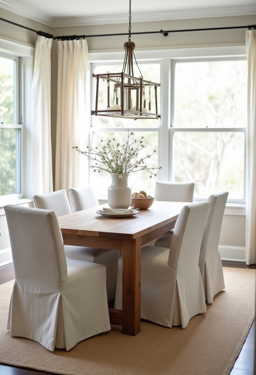 This cozy dining room features a wooden table, white slipcovered chairs, and a rustic chandelier. A vase of flowers and a bowl of apples add homey charm. Pin for warm, welcoming vibes!
#farmhousestyle #rusticdiningroom #slipcoveredchairs #cozyhomeideas
