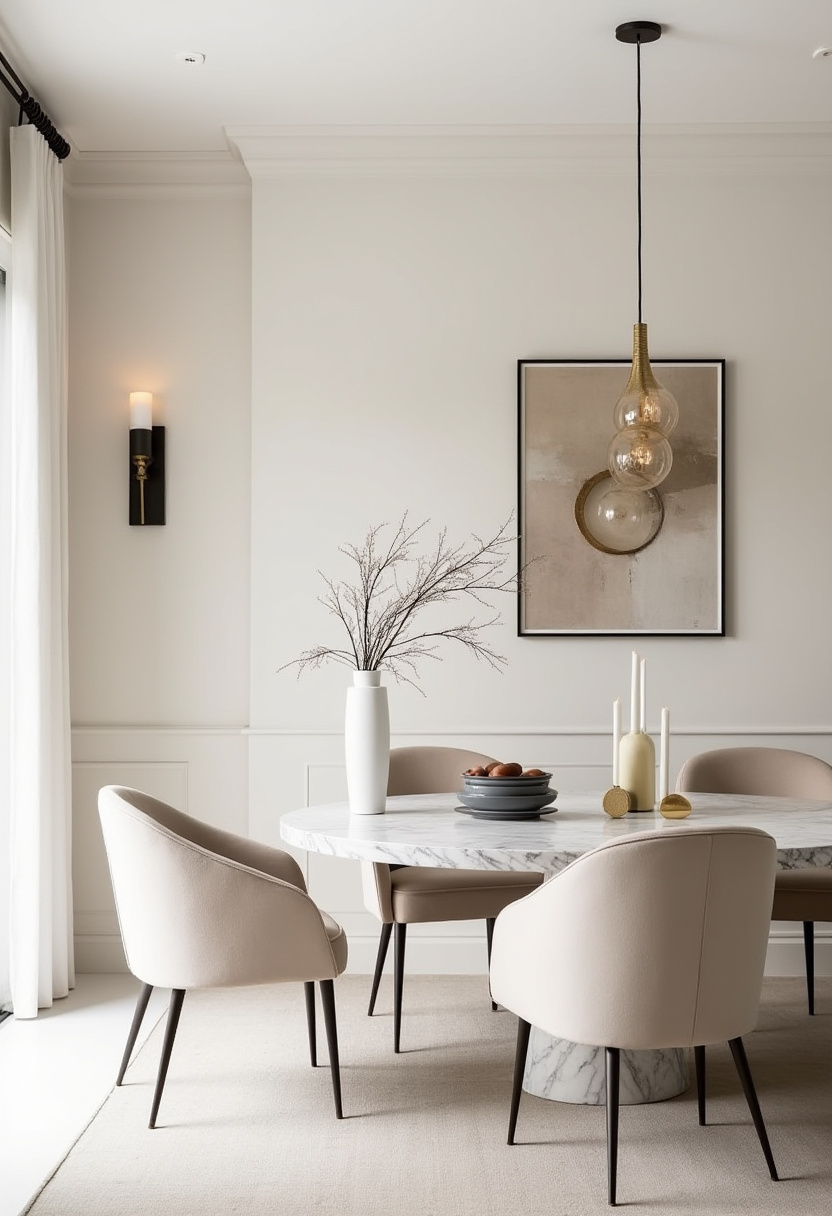 Soft neutrals and clean lines define this minimalist dining room with beige chairs, a marble table, and elegant twigs and candles. A peaceful setting for modern living. Pin for refined minimalism!
#neutralinteriors #minimaliststyle #marbledining #elegantdecor