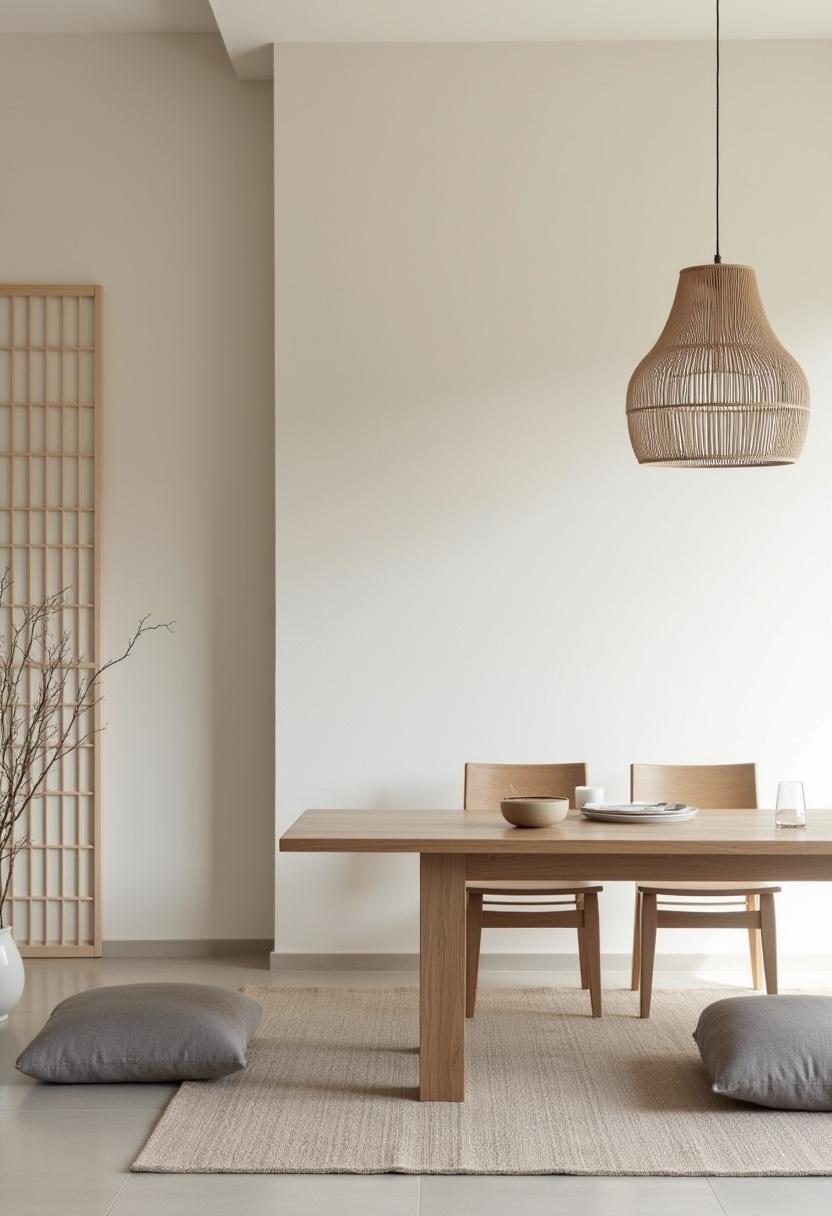 Japanese-inspired simplicity shines in this minimalist dining room with a wooden table, rattan pendant, and serene accents like shoji screens and floor cushions. Pin this calming design idea!
#JapandiStyle #rattandecor #minimaldiningroom #zeninterior