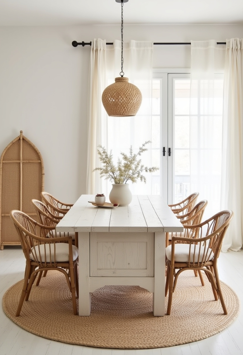 A cozy, bright dining room with a white wooden table, wicker chairs, and a jute rug exudes relaxed charm. A woven pendant and floral vase finish the natural look. Pin this breezy setup!
#coastaldecor #wickerchairs #bohodiningroom #brightinterior