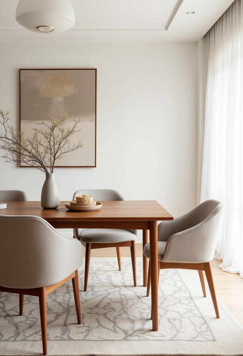 This minimalist dining room feels elegant and modern with a wooden table, four gray chairs, and neutral art. A vase with branches adds natural simplicity. Save for clean design lovers!
#minimalistdecor #neutraltonehome #grayinterior #diningroominspo