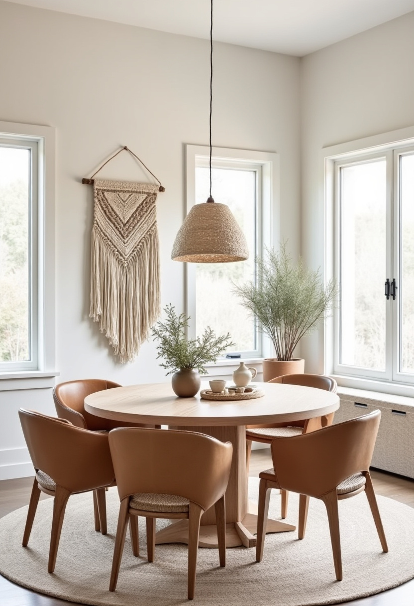 Warmth and texture define this cozy dining room with a round wood table, leather chairs, and a woven pendant. A macramé wall hanging enhances the inviting vibe. Pin for cozy-boho style!
#bohocharm #leatherchairs #roundtabledecor #cozyinteriors