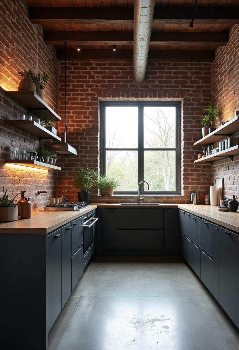 Industrial flair meets natural charm in this cozy kitchen with brick walls, black cabinetry, and greenery. The natural light highlights every detail of this bold yet inviting design. Pin it if you're into modern vintage style!
#IndustrialKitchen #BrickWalls #BlackCabinets #ModernRustic #KitchenInspiration