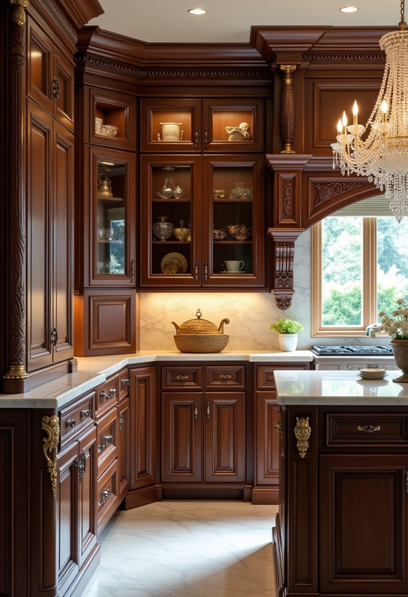 Elegance shines in this luxurious kitchen with rich wood cabinets, glass details, and gleaming marble countertops. The chandelier adds a classic touch of glamour. Planning a luxe kitchen? Don’t forget to pin this!
#LuxuryKitchen #MarbleCountertops #ElegantDesign #ChandelierInspo #ClassicKitchen