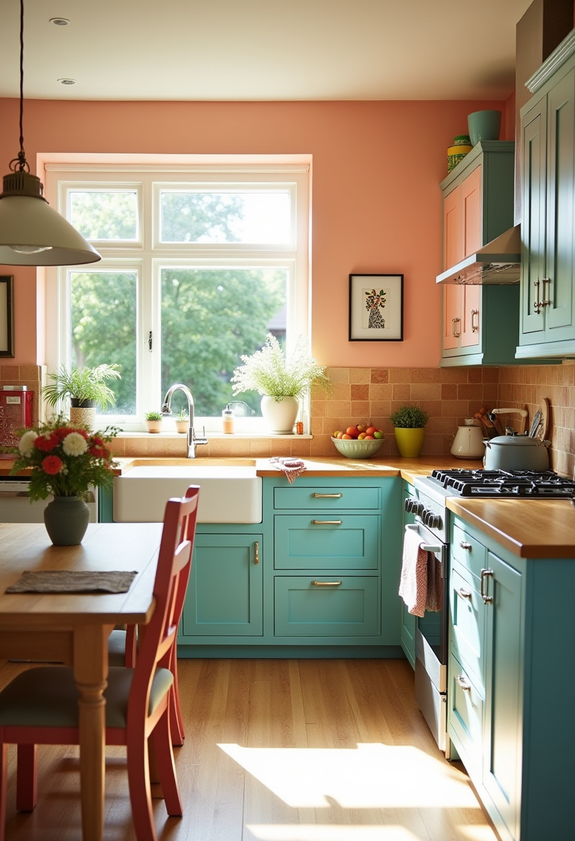 This bold and cheerful kitchen pops with teal cabinets and pink walls, bursting with sunlight and floral charm. Perfect for lovers of playful, colorful home decor. Pin this joyful space for vibrant inspiration!
#ColorfulKitchen #TealCabinets #BrightHome #HappyDecor #KitchenDesign