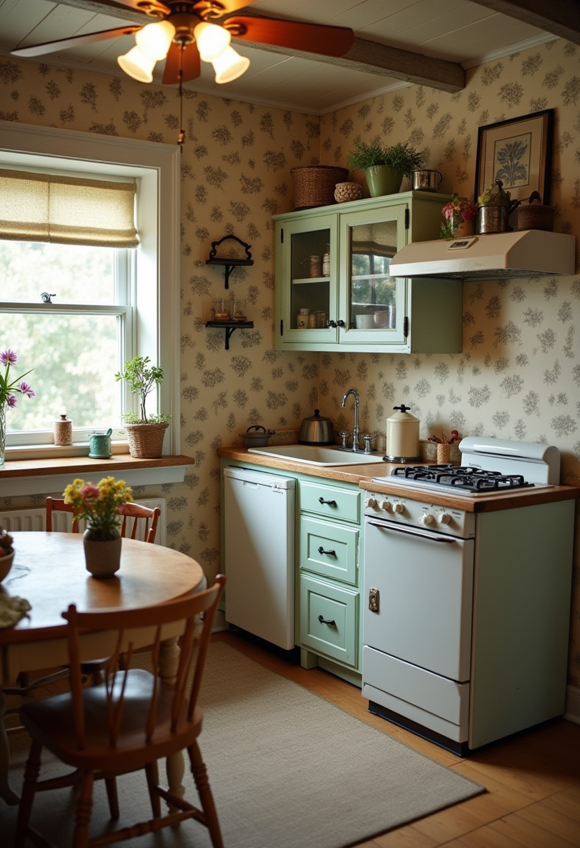 Step back in time with this charming vintage kitchen—mint green cabinets, floral wallpaper, and potted plants make it feel cozy and nostalgic. A soft glow from the window brings everything to life. Save this if you love retro kitchen style!
#VintageKitchen #MintGreenCabinets #FloralWallpaper #RetroHome #CozySpaces