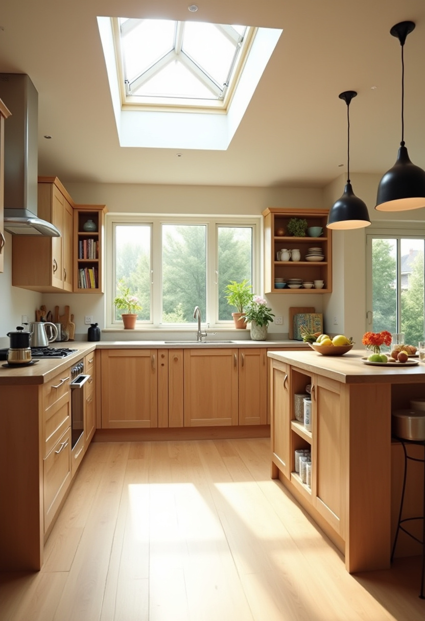 This sunlit kitchen blends natural wood, plants, and warm lighting to create a welcoming and stylish space. The island and skylight make it feel bright and open. Pin this airy kitchen look!
#BrightKitchen #WoodCabinets #SkylightDesign #CozyInteriors #HomeInspo