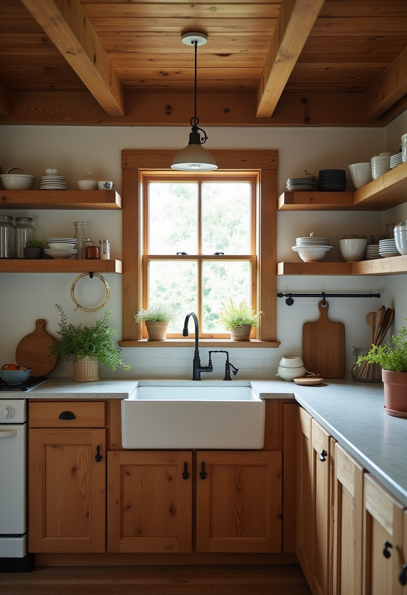 Love rustic charm? This cozy farmhouse kitchen with wood cabinets, open shelves, and a farmhouse sink blends functionality with natural beauty. Greenery and sunlight create a serene, inviting atmosphere perfect for any cottage-style lover. Pin this for rustic kitchen inspiration!
#RusticKitchen #FarmhouseDecor #WoodCabinets #CozyKitchen #KitchenDesignIdeas