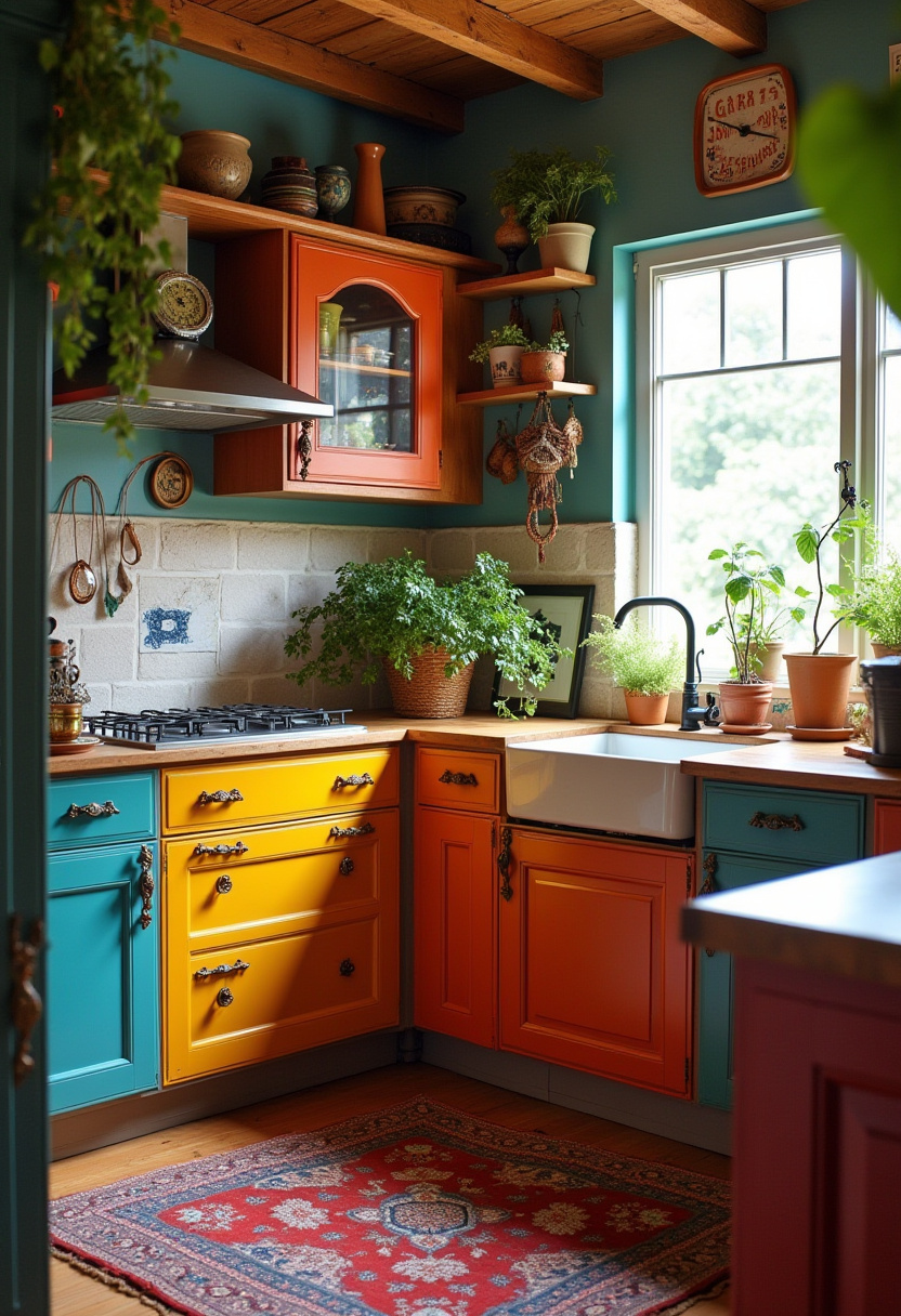 Bring joy to your cooking space with this colorful kitchen filled with orange, yellow, and teal cabinets. Wooden floors and potted plants add cozy rustic charm. Save this cheerful setup for colorful inspiration!
#ColorfulKitchen #VibrantDecor #RusticCharm #BrightSpaces #KitchenStyle